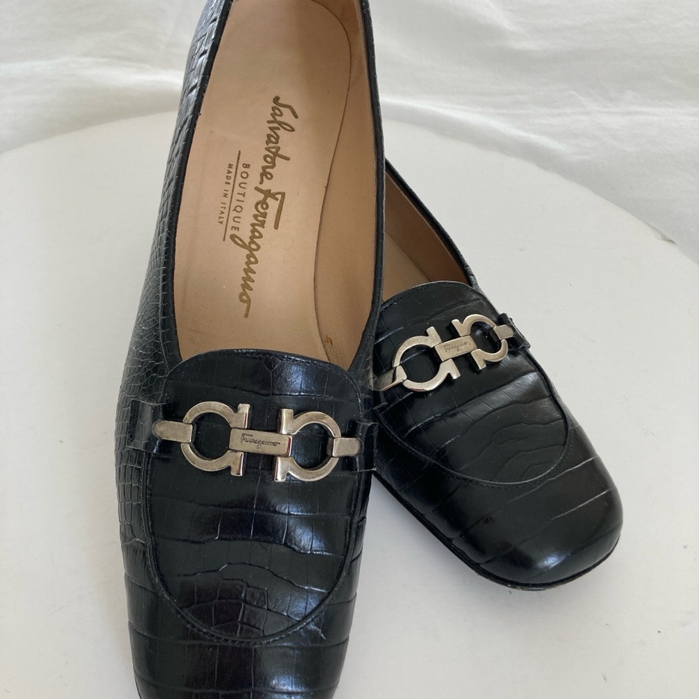 Salvatore Ferragamo Black Croc-Embossed Loafers